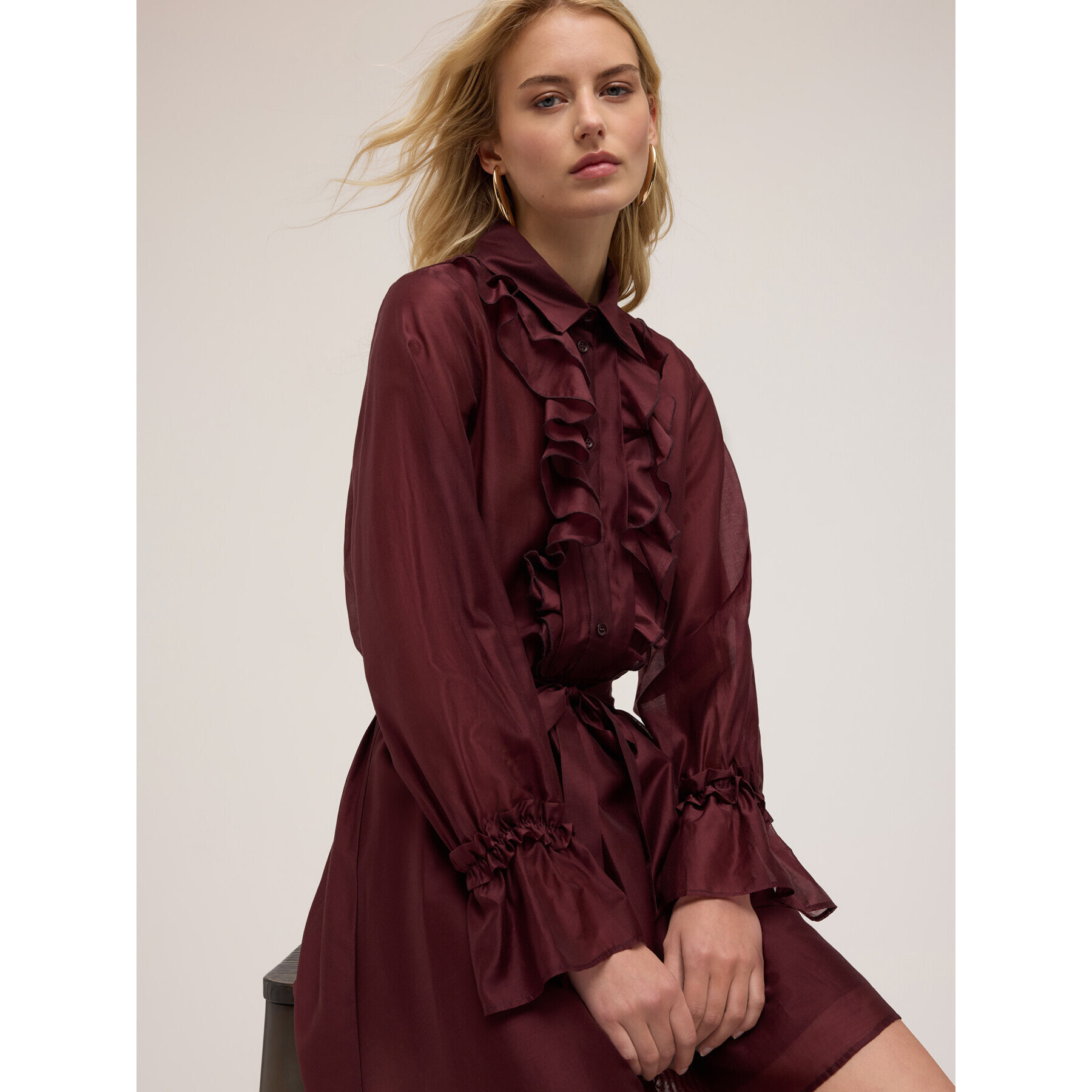 Motivi - Vestido camisero de velo con volantes - Burgundy