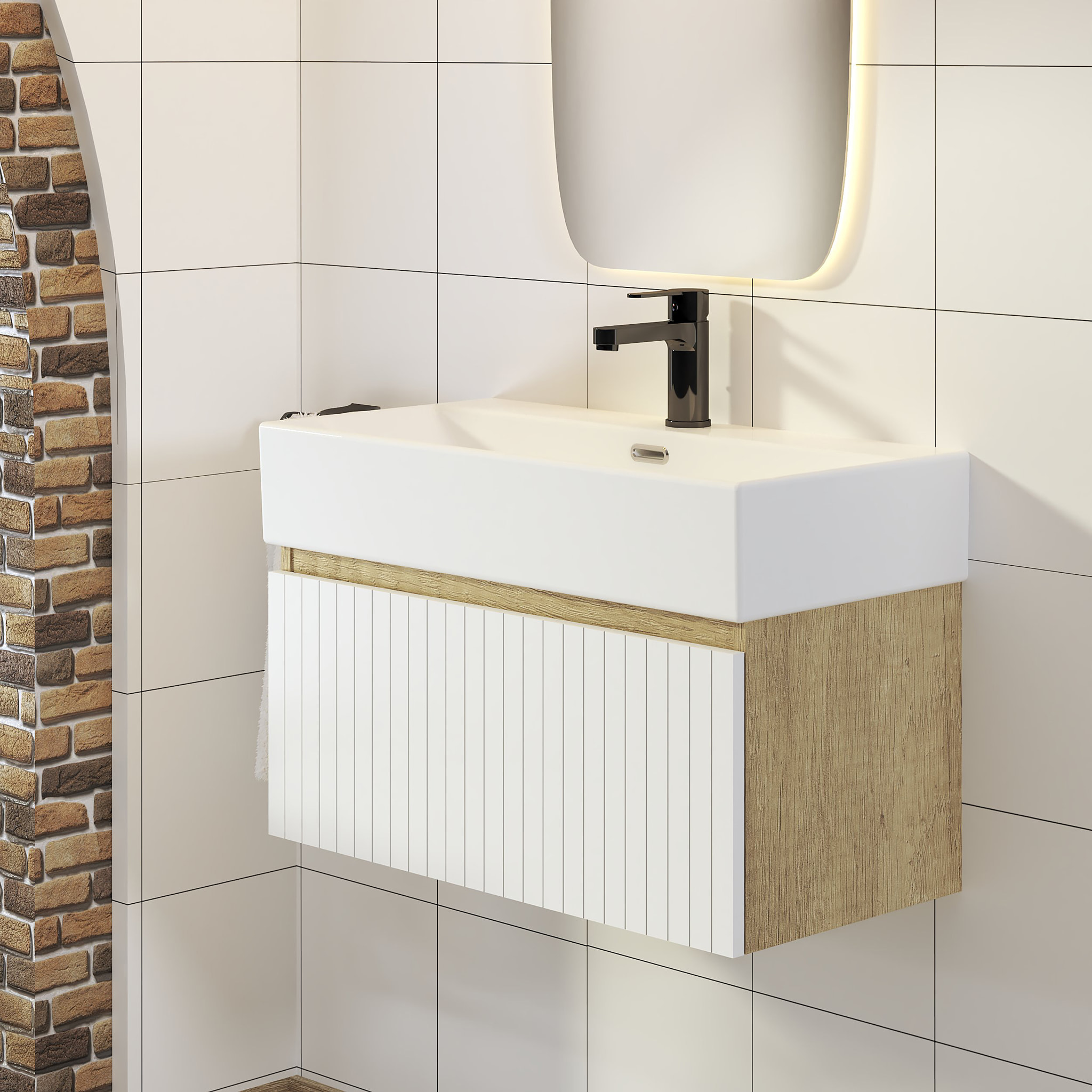 Conjunto de Baño Zel | Mueble Suspendido | 70 cm Blanco | Un Cajón | Lavabo Encastrado | No incluye Espejo | Mueble Montado| Alday