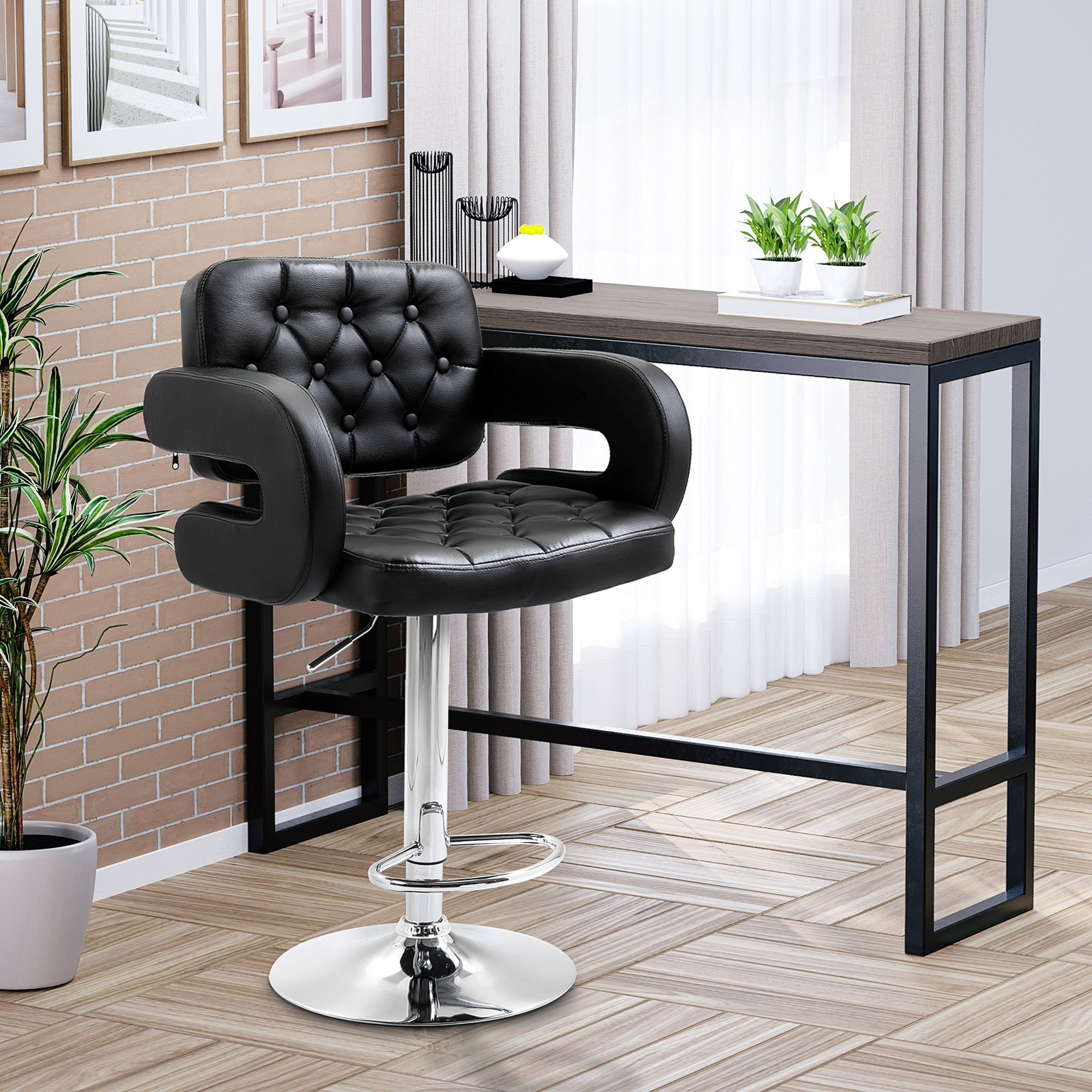 Tabouret de bar design Chesterfield - chaise de bar pivotante réglable grand confort - métal chromé noir