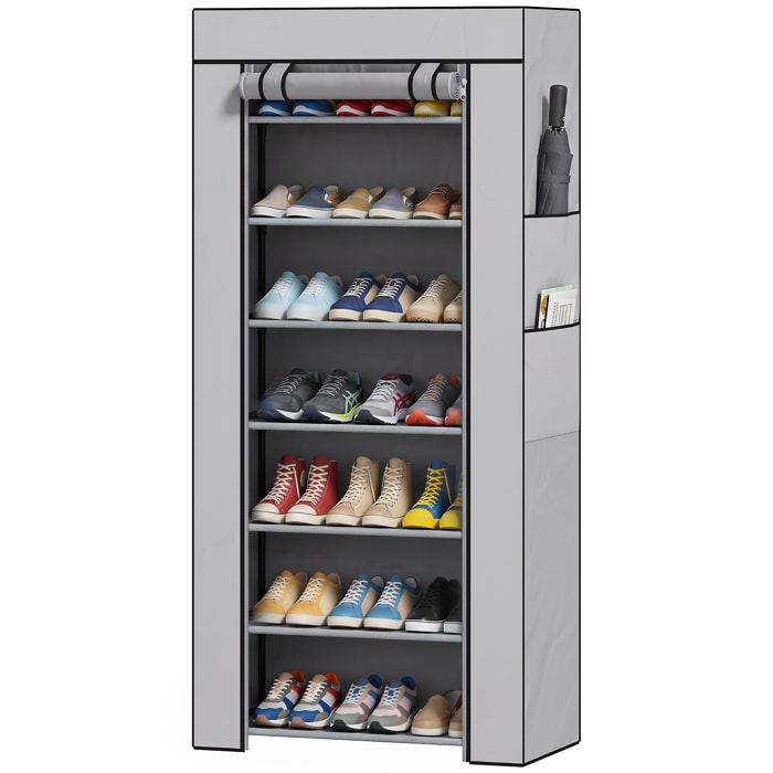 HOMCOM Zapatero de 7 Niveles, Zapatero Estrecho de Acero con Funda de Tela no Tejida, 2 Bolsillos Laterales, Estantería para 14-21 Pares de Zapatos, para Recibidor, Entrada, Pasillo, Gris