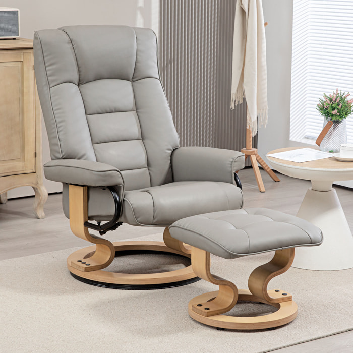 Fauteuil relax inclinable pivotant réglable avec repose-pied bois revêtement synthétique gris