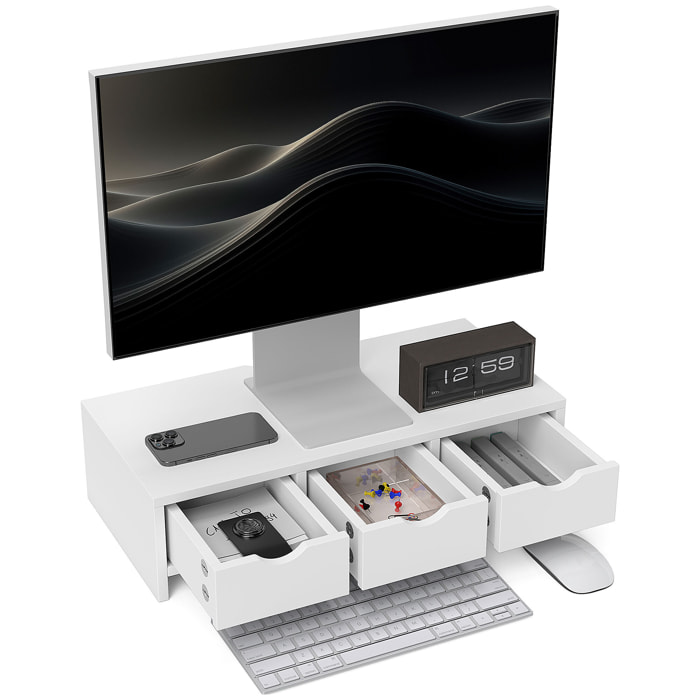 Elevador Monitor, Soporte para Monitor Escritorio con 3 Cajones, para PC, Portátil, Impresoras Pequeñas, 51x24x13 cm, Blanco