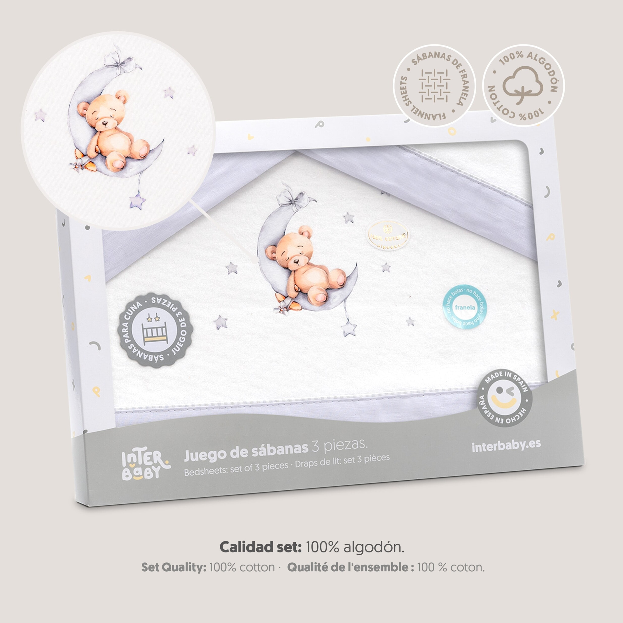 Triptico Cuna Franela Estampado Oso Luna Estrellas Bco/Gris