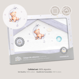 Triptico Cuna Franela Estampado Oso Luna Estrellas Bco/Gris