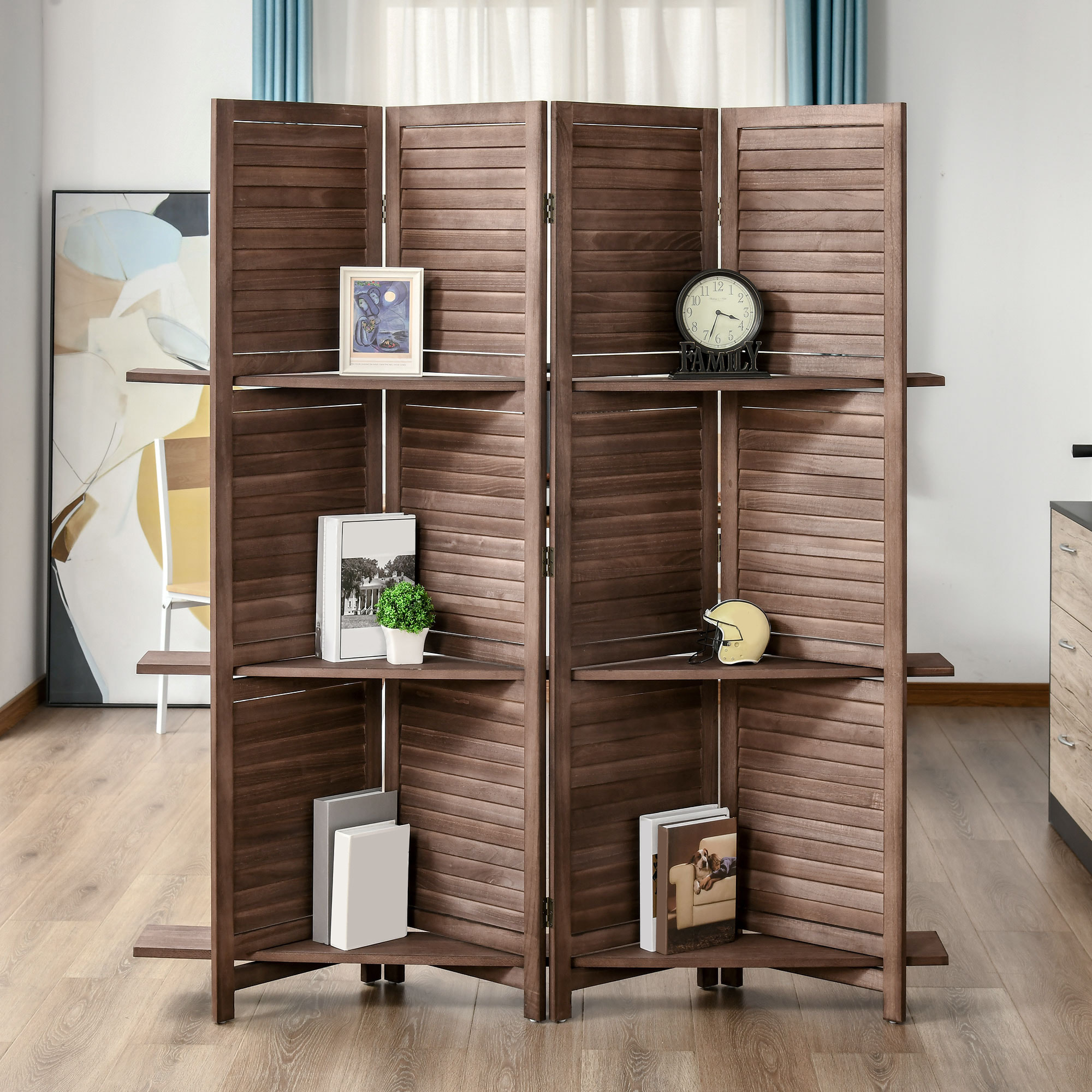 Biombo Plegable de 4 Paneles de Madera, 162x170 cm, Biombo Separador de Ambientes con 3 Estantes, Diseño de Persianas, Decoración para Dormitorio, Salón, Nogal