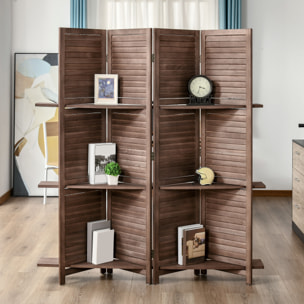 Biombo Plegable de 4 Paneles de Madera, 162x170 cm, Biombo Separador de Ambientes con 3 Estantes, Diseño de Persianas, Decoración para Dormitorio, Salón, Nogal