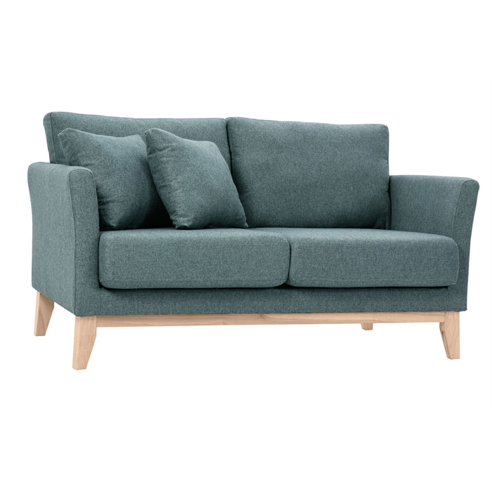 Canapé scandinave déhoussable 2 places en tissu vert de gris et bois clair OSLO