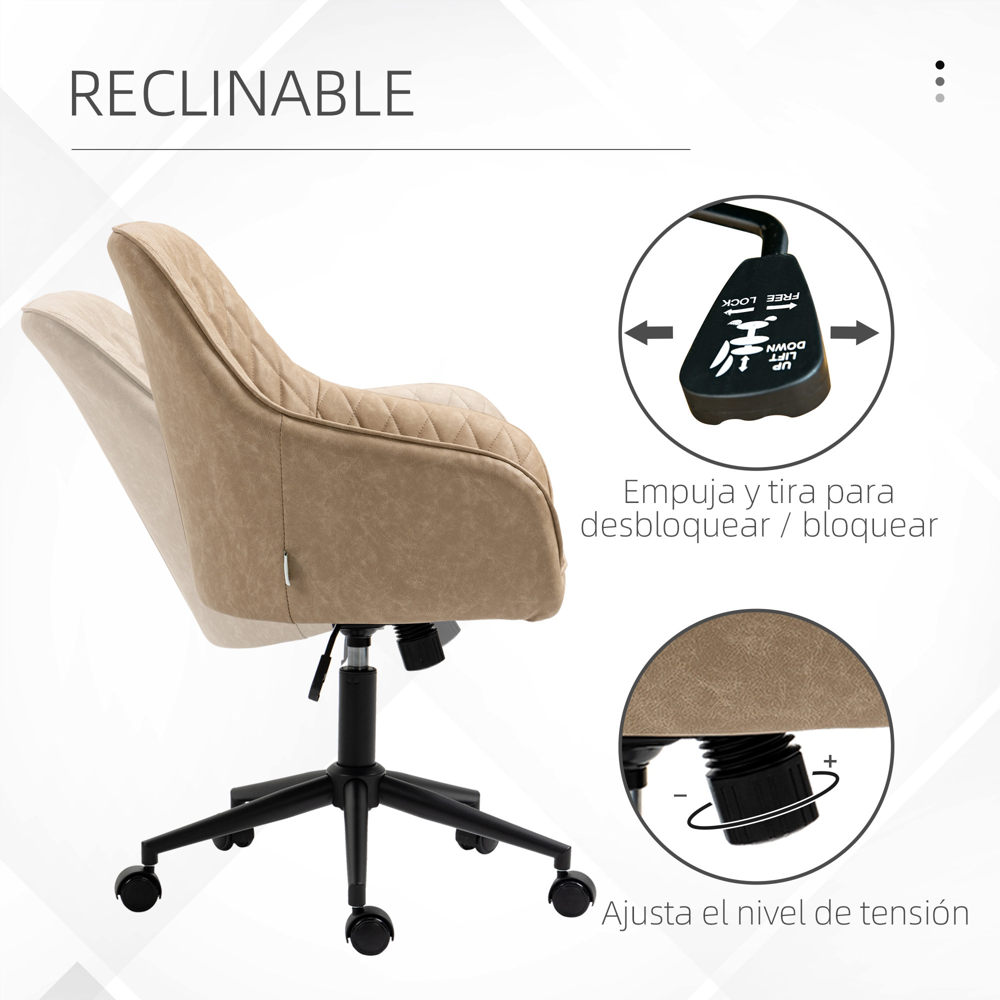 Silla de Oficina Ergonómica Silla de Escritorio Giratoria de Cuero PU con Altura Ajustable y Función de Inclinación para Salón Dormitorio Estudio 59x60x90-100 cm Marrón