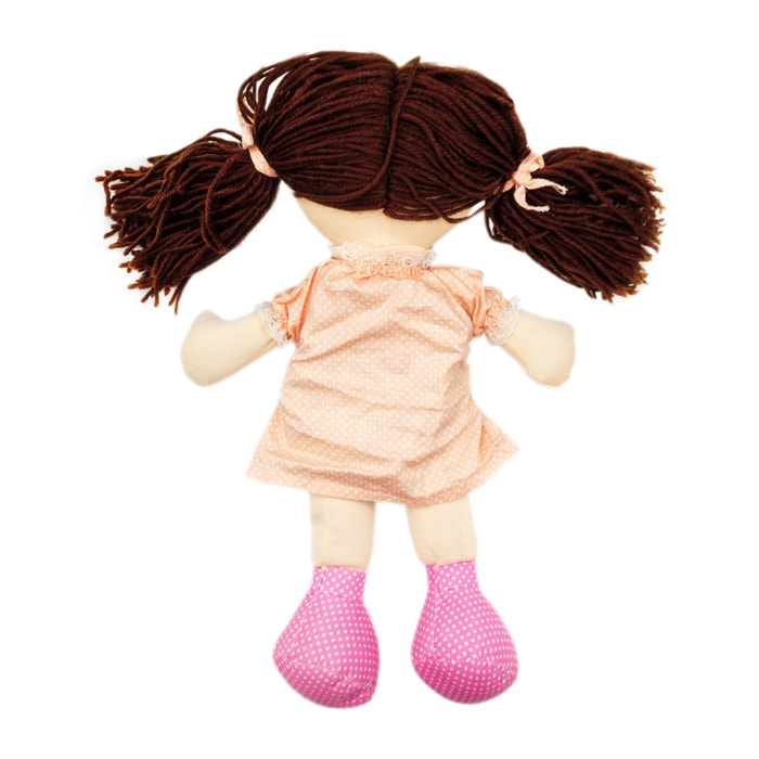 PELUCHE TÉRMICO: MUÑECA CASTAÑA CON VESTIDO Y COLORETES
