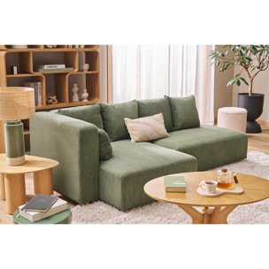 Canapé d'angle gauche 3 places en tissu velours côtelé vert kaki et bois clair HARLEM