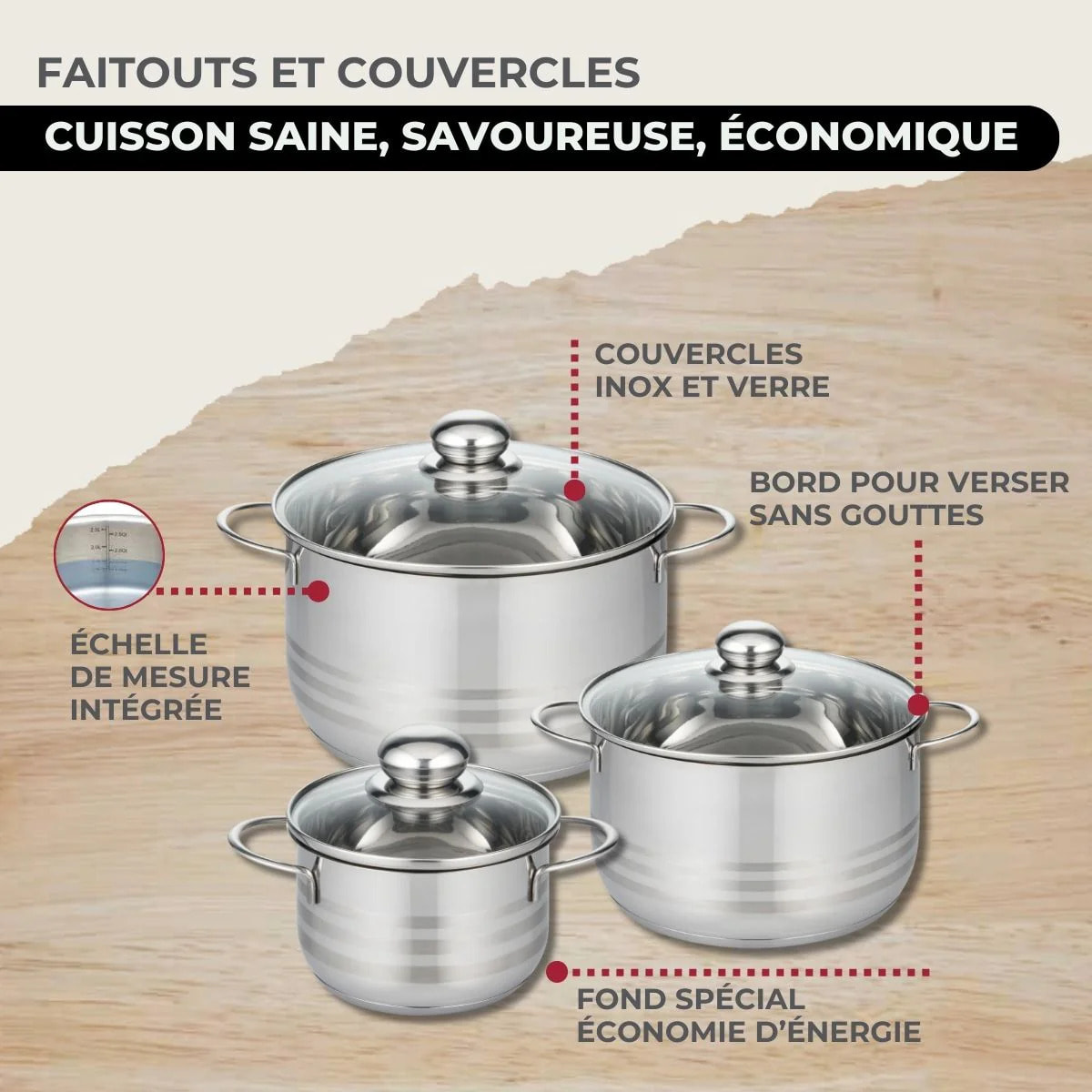 Set 1 poêle 24 cm en inox et 1 couvercle verre, 3 faitouts inox 16, 20 et 24 cm Fackelmann Eterna
