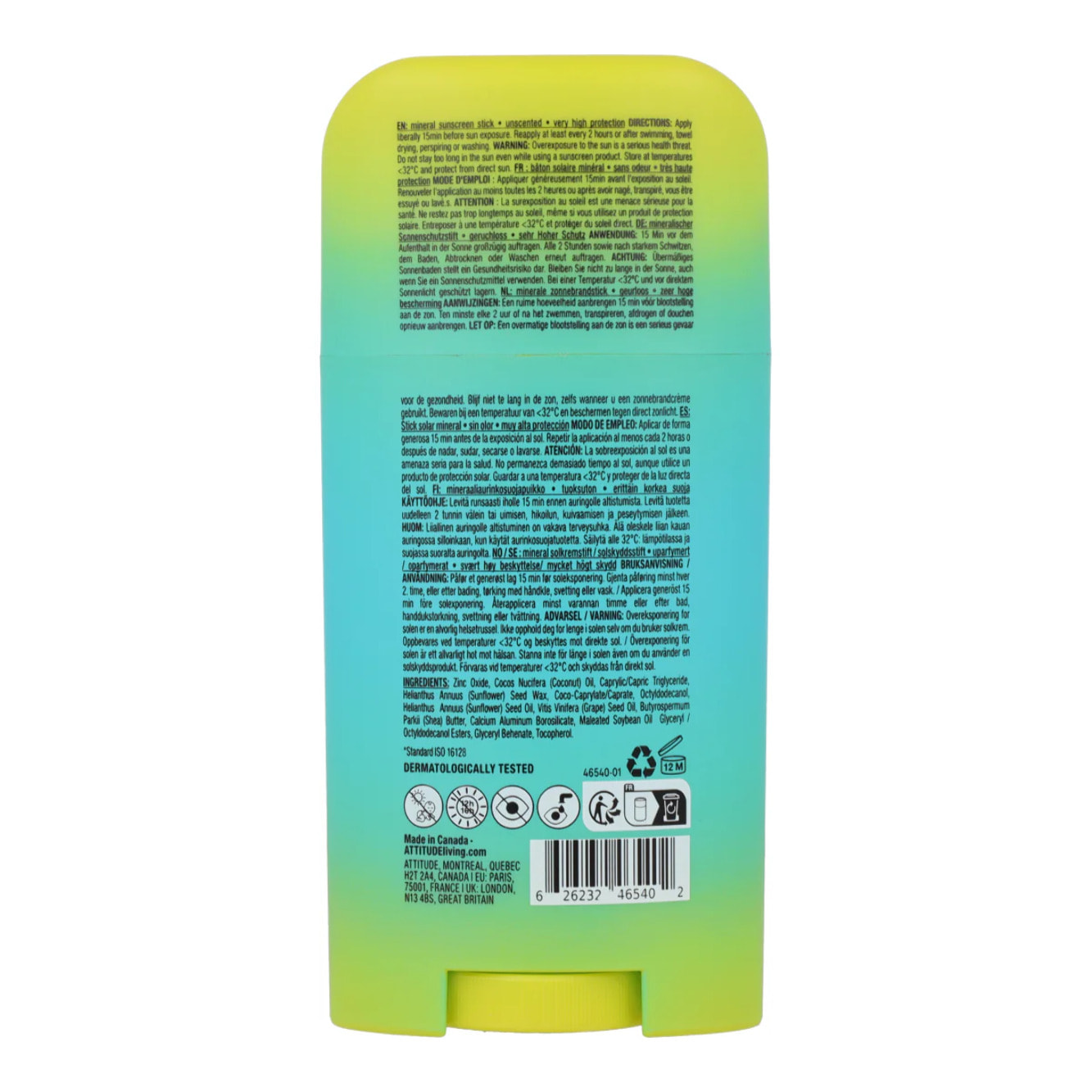 Mineral sunscreen Stick Face & Body SPF 50 unscented Attitude Sunly 60 g