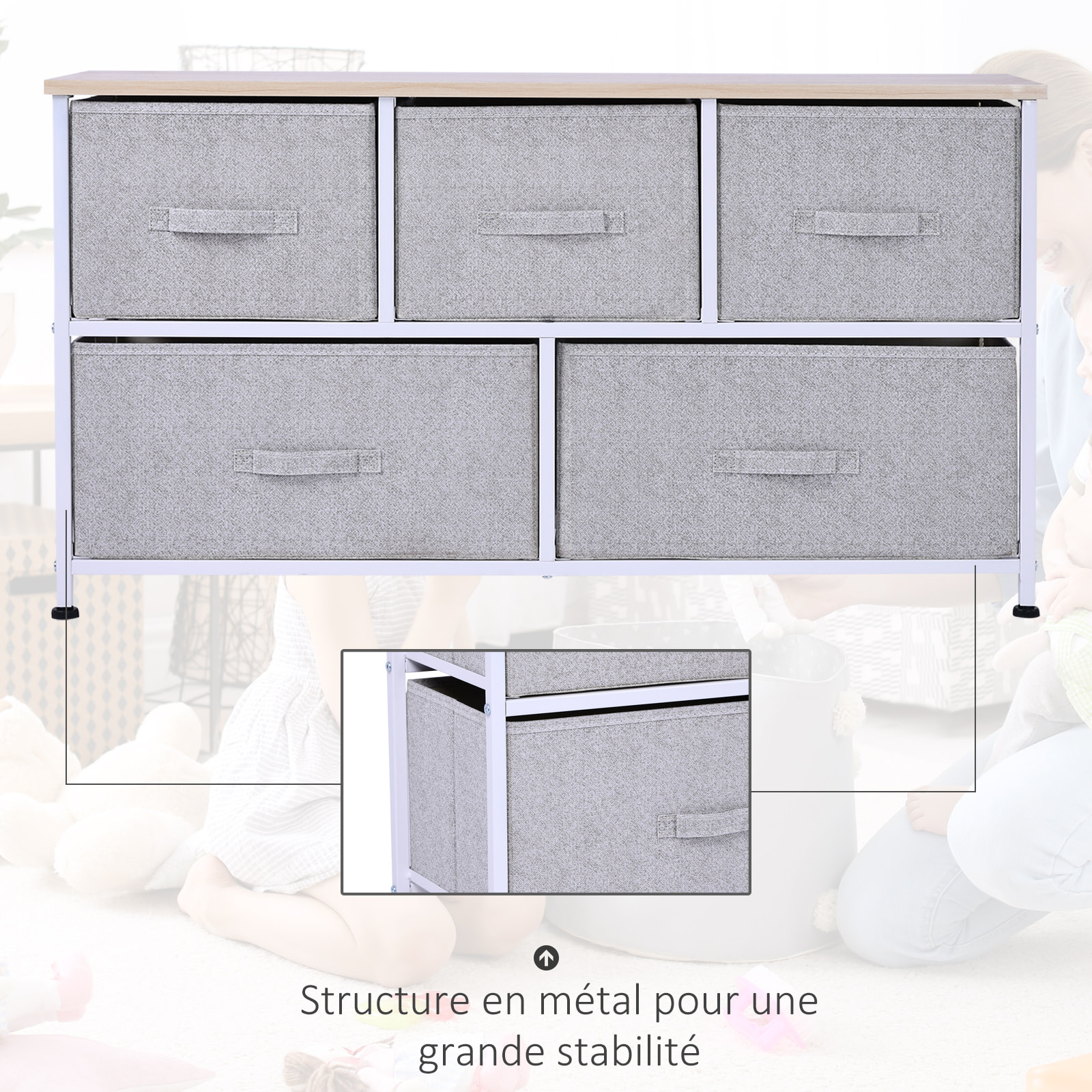 Commode meuble de rangement dim. 100L x 30l x 54H cm 5 tiroirs non-tissés gris structure métal blanc plateau MDF bois clair