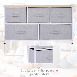 Commode meuble de rangement dim. 100L x 30l x 54H cm 5 tiroirs non-tissés gris structure métal blanc plateau MDF bois clair