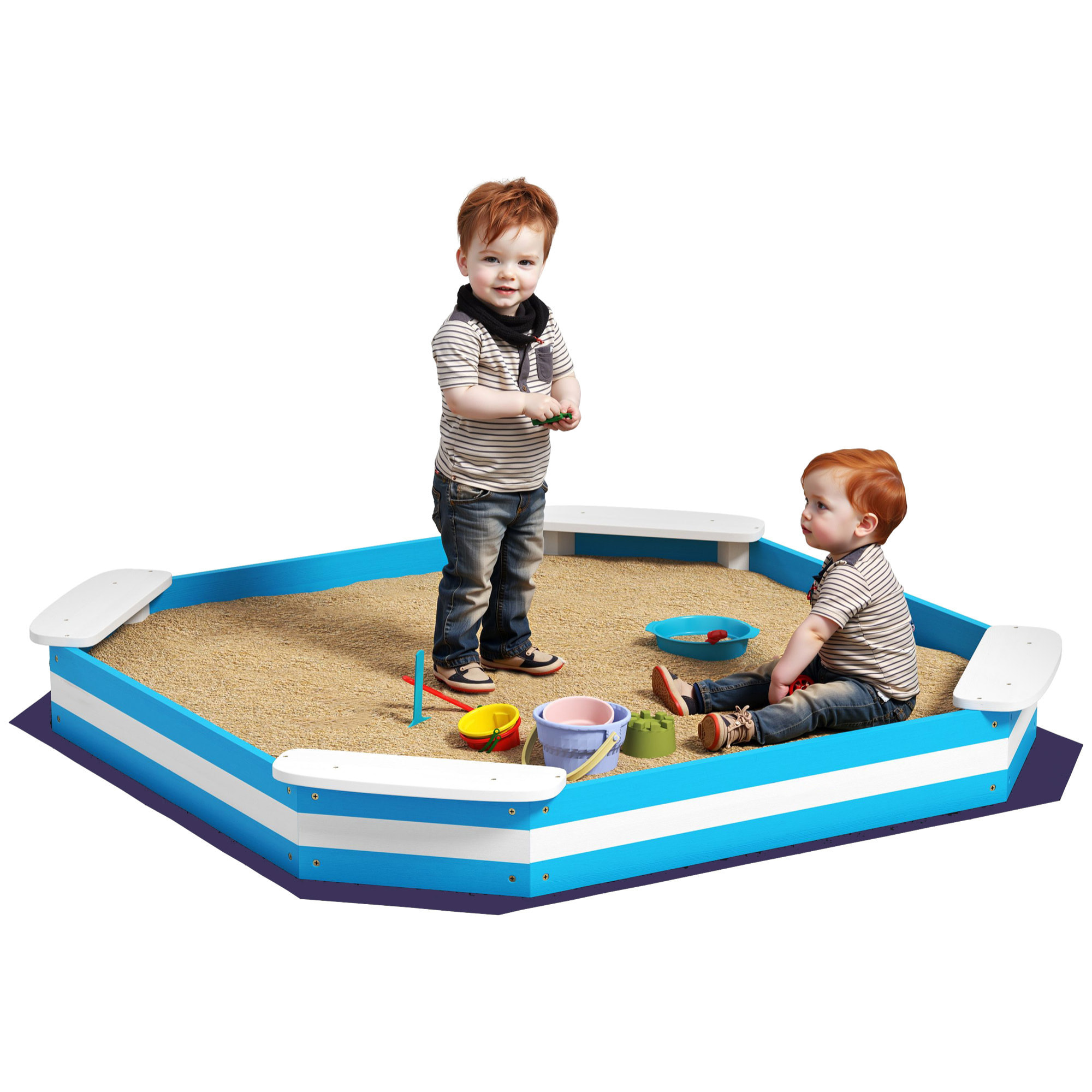Arenero para Niños de +3 Años Arenero Infantil Cuadrada con 4 Asientos para Exterior 133x133x16 cm Azul y Blanco