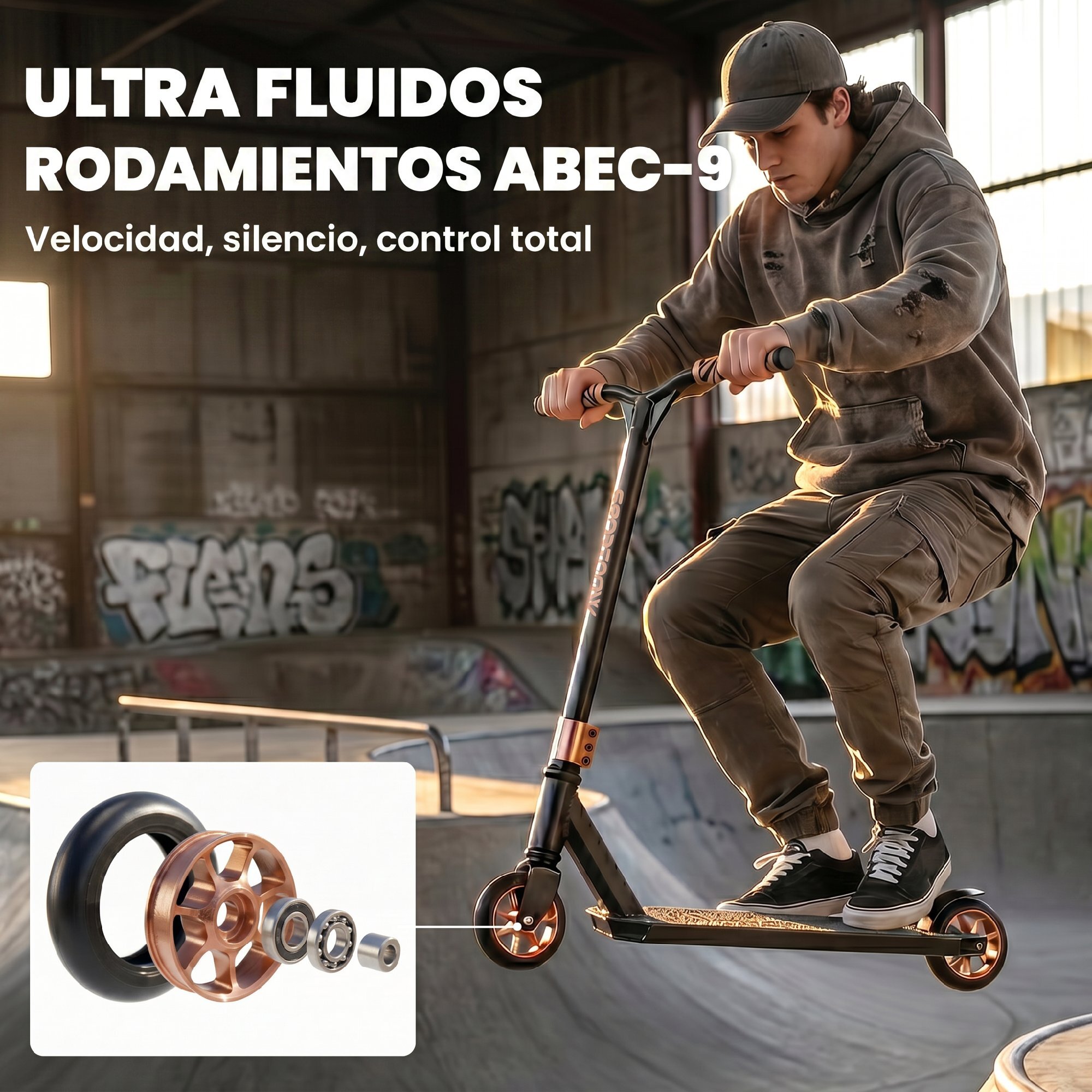 Scooter Acrobático, Scooter Freestyle con Manillar 360°, Rodamientos ABEC-9, Ruedas de PU de 120 mm, Marco de Aluminio Acero, Antideslizante, para Adolescentes, Adultos para Skatepark, Dorado