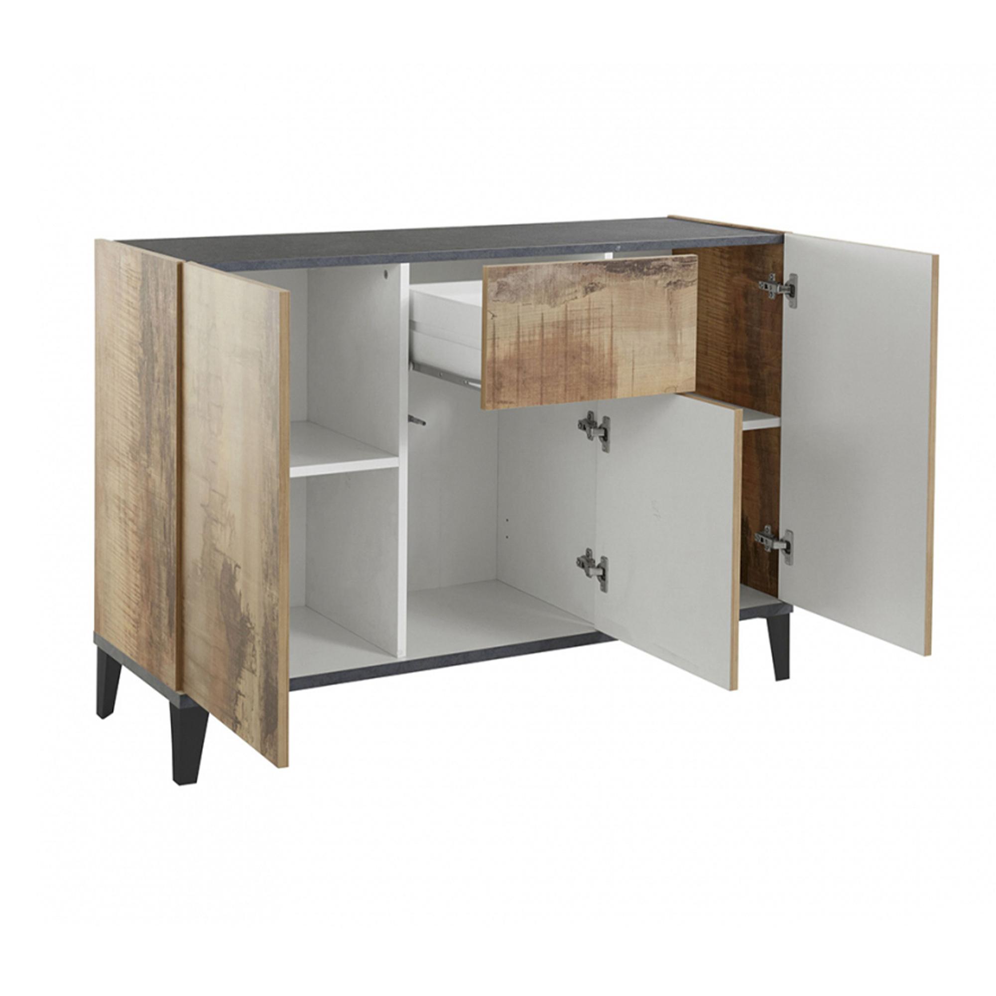 Credenza moderna a 3 ante e 1 cassetto, Made in Italy, Madia da cucina rialzata, Buffet di design da soggiorno, Cm 120x40h82, Ardesia e Acero