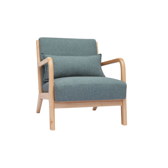 Fauteuil scandinave en tissu vert de gris et bois clair massif DERRY