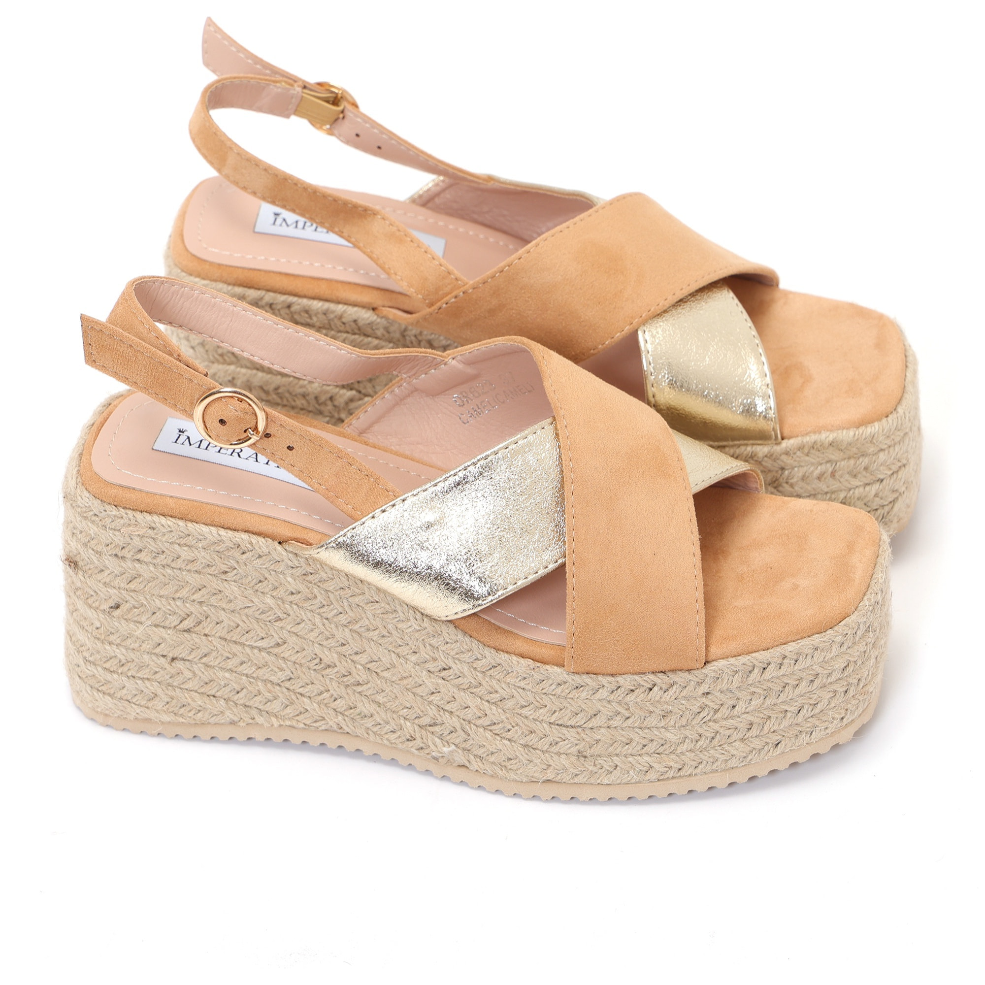 Sandali in simil pelle scamosciata con zeppa in rafia