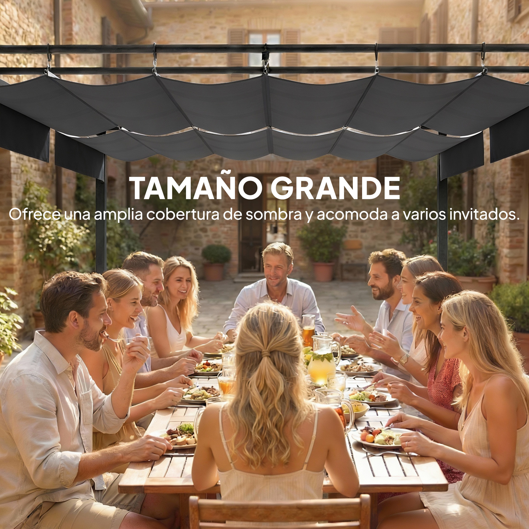 Pérgola de Jardín 6x3 m con Techo Retráctil, Cenador de Jardín con Protección UPF50+, Drenaje, Estructura Metálica, Pabellón para Patio, Terraza, Exterior, Blanco Gris Oscuro