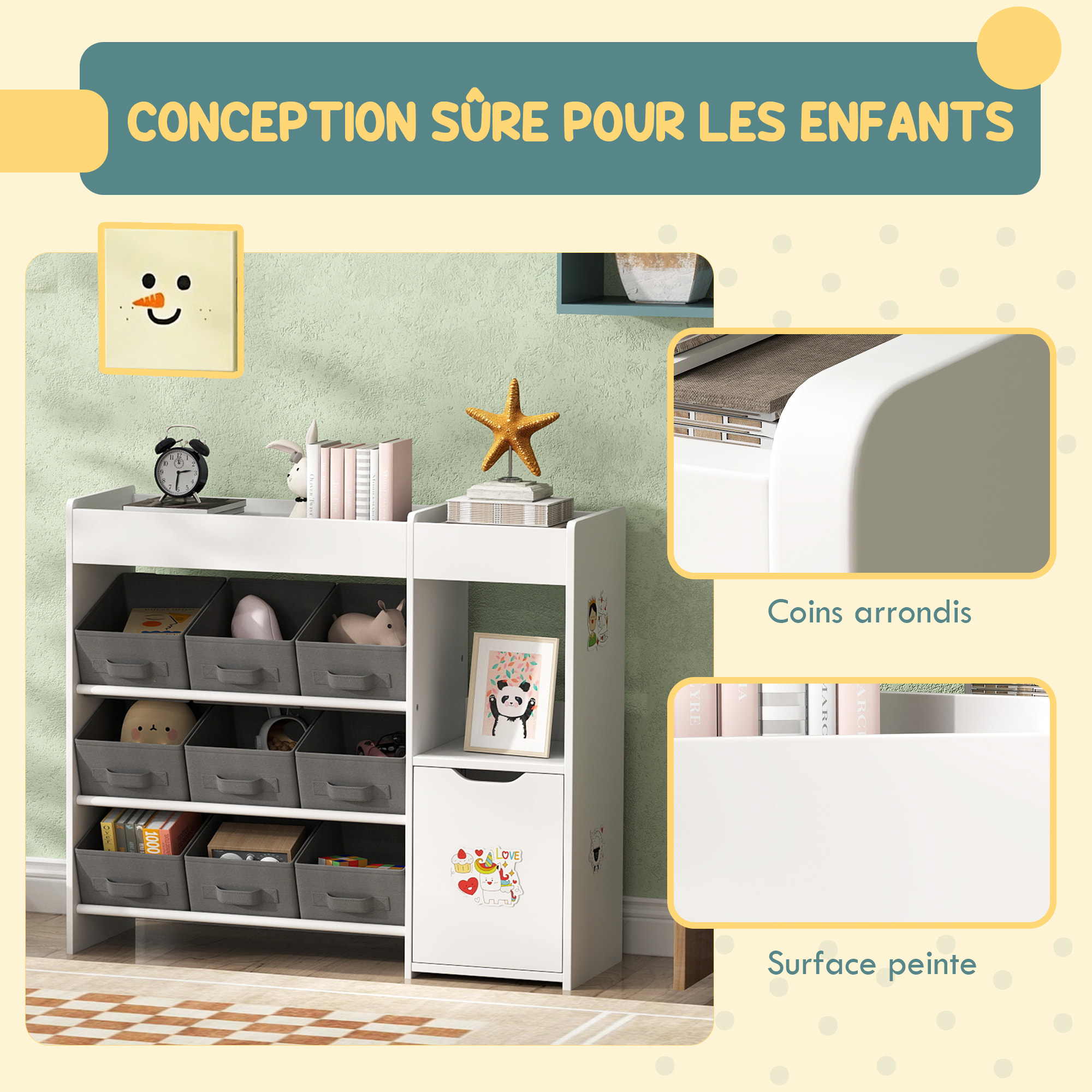Etagère de rangement enfant pour jouets et livres - 9 boîtes amovibles tissu non-tissé gris - porte, niche, 2 compartiments
