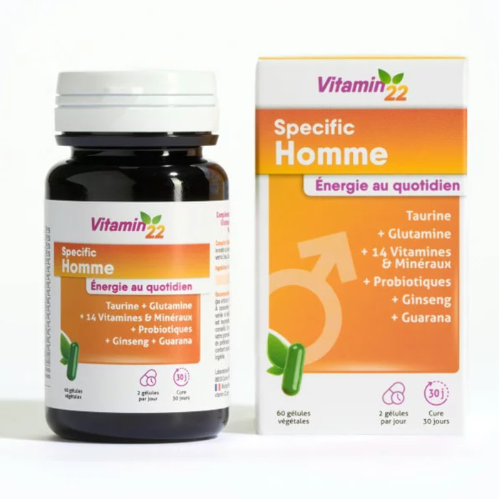 VITAMIN'22 - Specific Homme - Complément alimentaire à base de 14 vitamines et minéraux - Répondre aux besoins spécifique de l'homme - Sans gluten - Fabriqué en France - Cure 30 jours