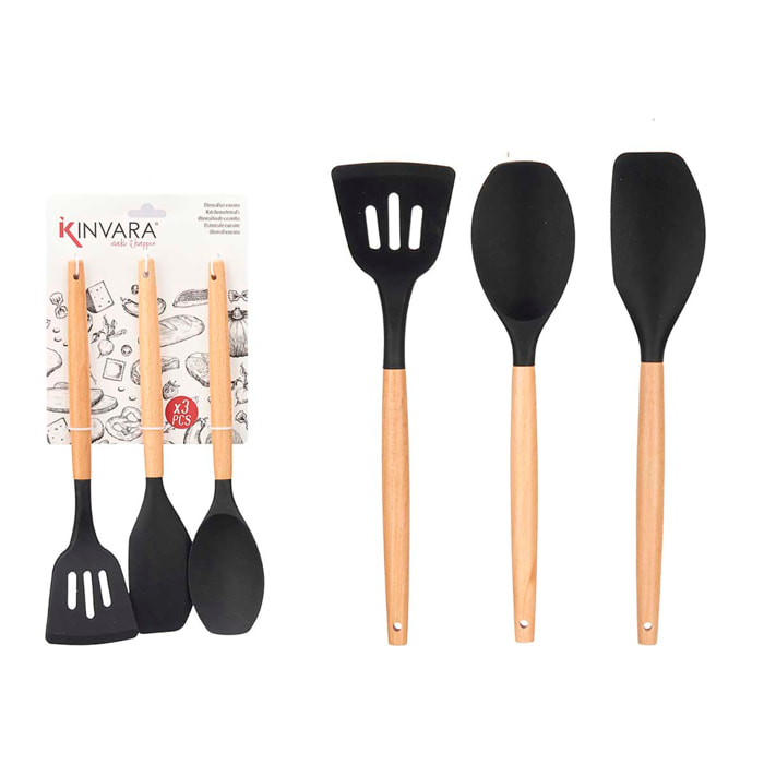 SET 3 PZS PALAS COCINA SILICONA MADERA NEGRO