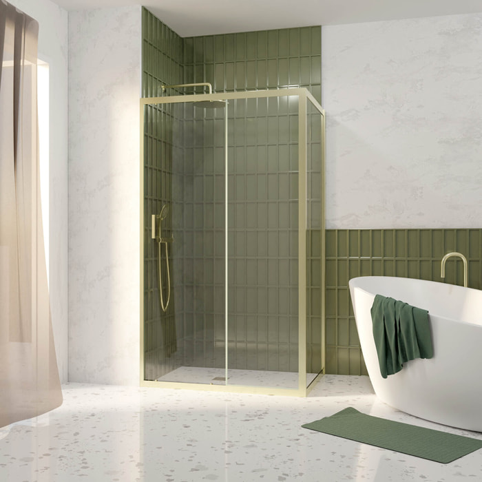 Pack Porte de Douche Coulissante 120x200cm et Retour 80cm - Profilés Or Doré Brossé - Verre 6mm