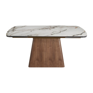 Mesa comedor extensible rectangular con tapa de mármol porcelánico en blanco con vetas marrones en acabado mate 180x100x78cm