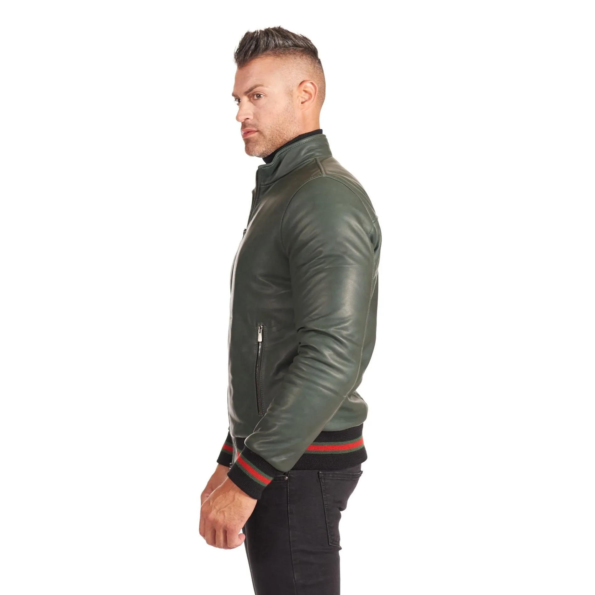 Giubbotto Bomber in pelle naturale verde effetto vintage