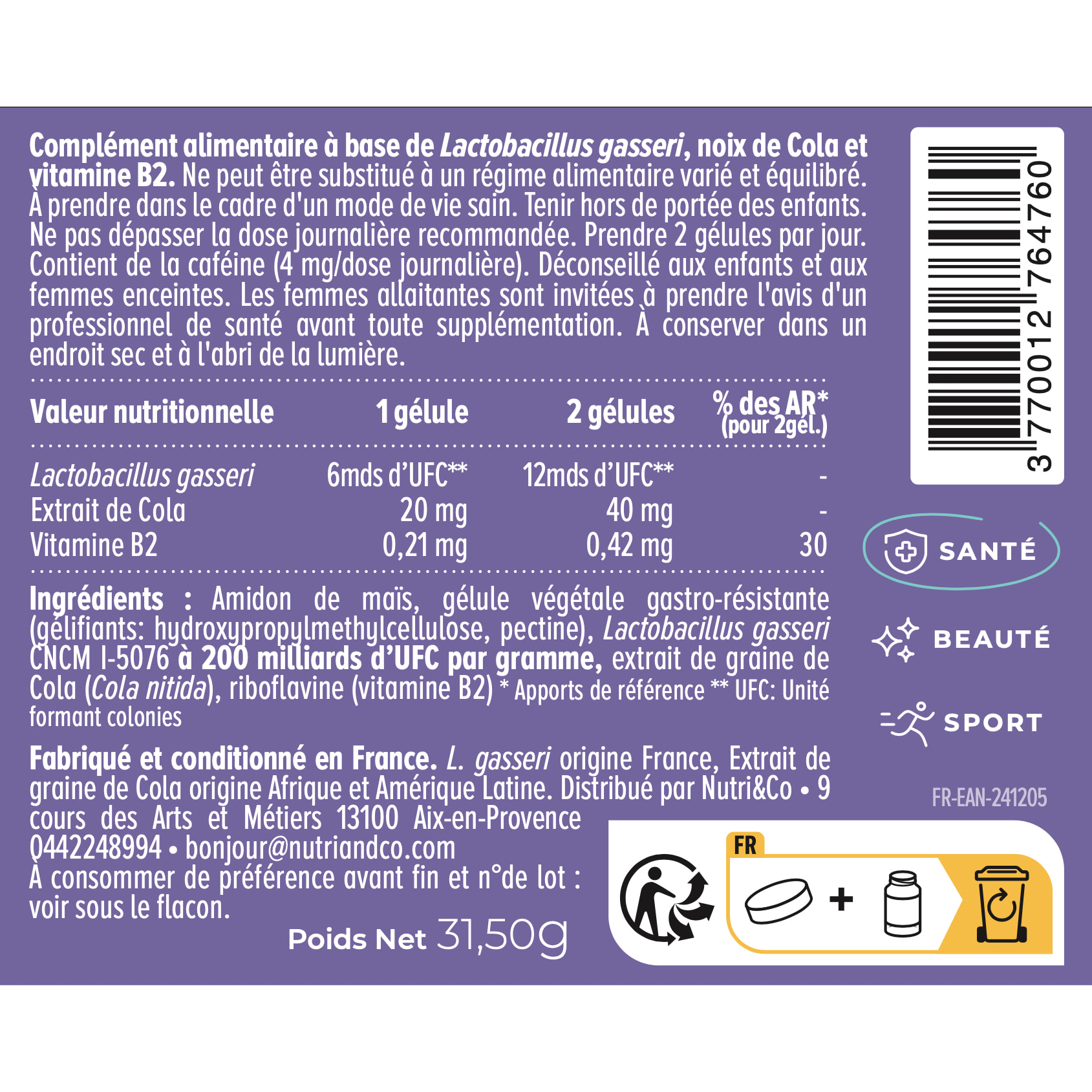 Nutri&Co Lactobacillus Gasseri Probiotique Minceur Ventre Plat - 60 gélules