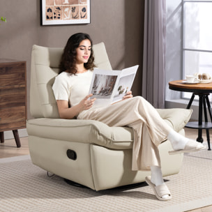 Sillón Relax Reclinable Manual, Sillón Relax Giratorio, Función Balancín, Tapizado en PU, Reposapiés, Asiento Amplio, Acolchado Grueso, Butaca Reclinable hasta 135º, Crema
