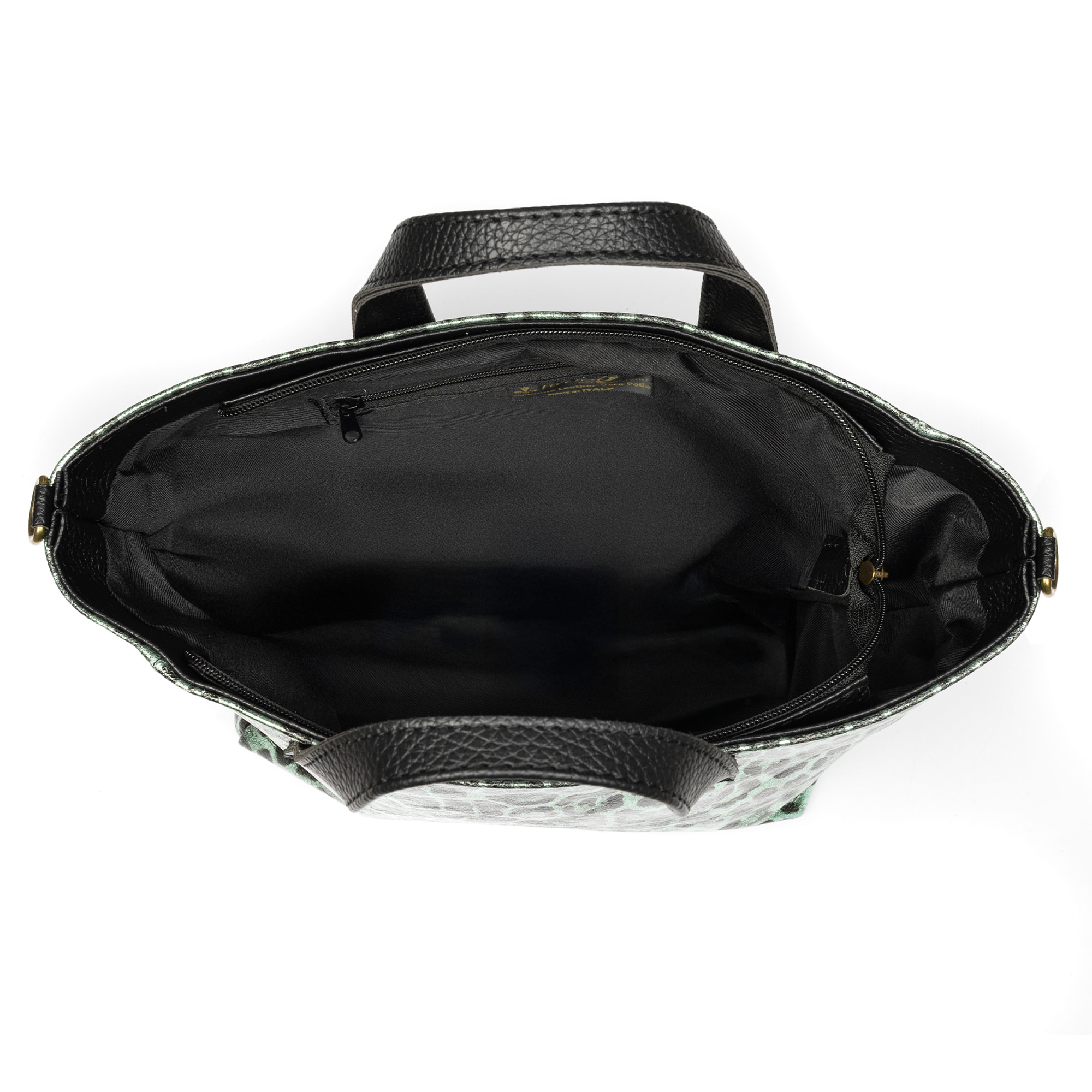 Cassandra borsa tote donna. Pelle autentica Camoscio, stampa animale leopardata, laccato lucido.