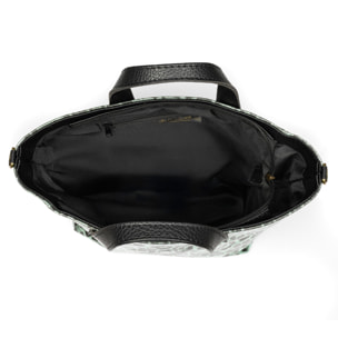 Cassandra borsa tote donna. Pelle autentica Camoscio, stampa animale leopardata, laccato lucido.