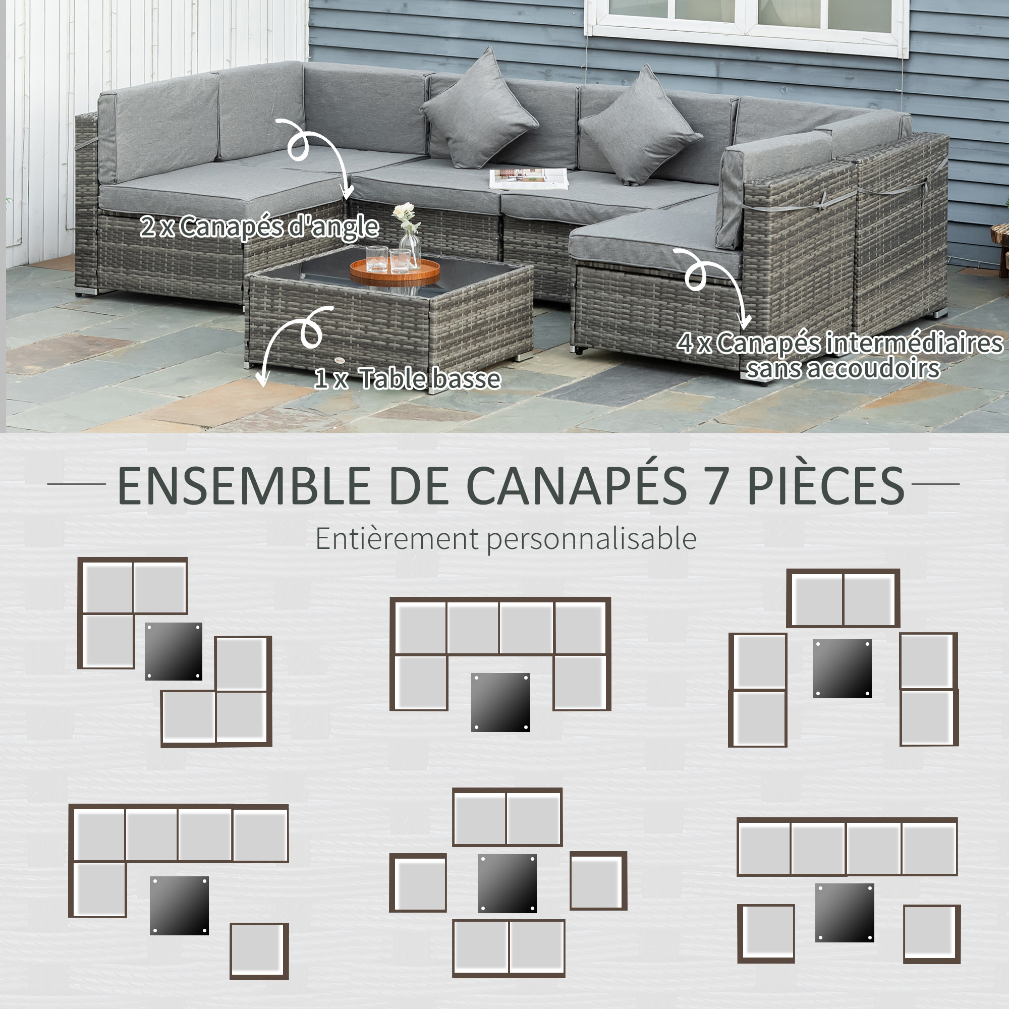 Ensemble salon de jardin 7 pièces modulables - table basse plateau verre trempé, coussins déhoussables - résine tressée grise