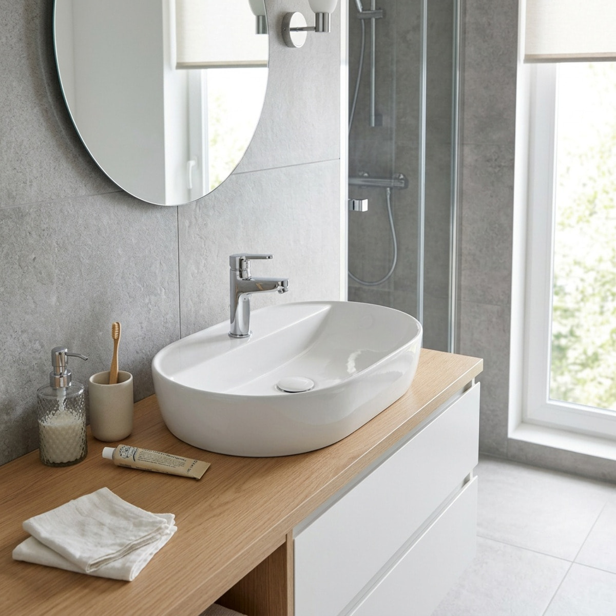 Vasque à poser en céramique 60x40x12,5 cm Swiss Aqua Technologies, sans trop-plein + mitigeur lavabo Roca (A5A326SATINF6040)