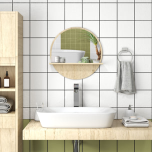 Miroir rond mural de salle de bain style cosy avec étagère - Ø 45 cm - effet bois naturel