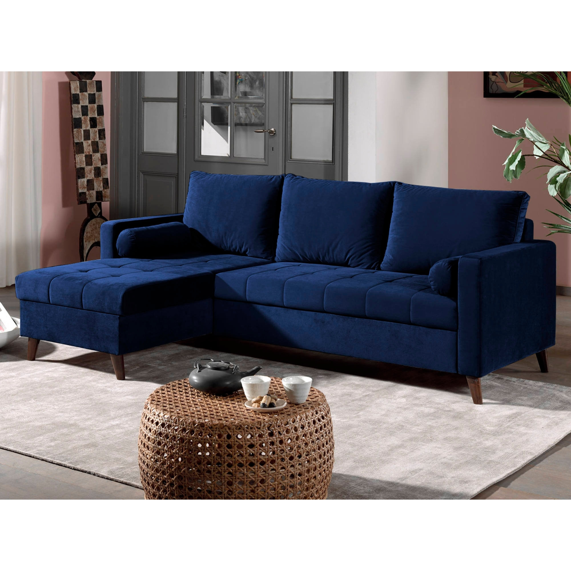 POLAR - Canapé d'angle réversible convertible - en velours au design scandinave - 4 places - Bleu nuit