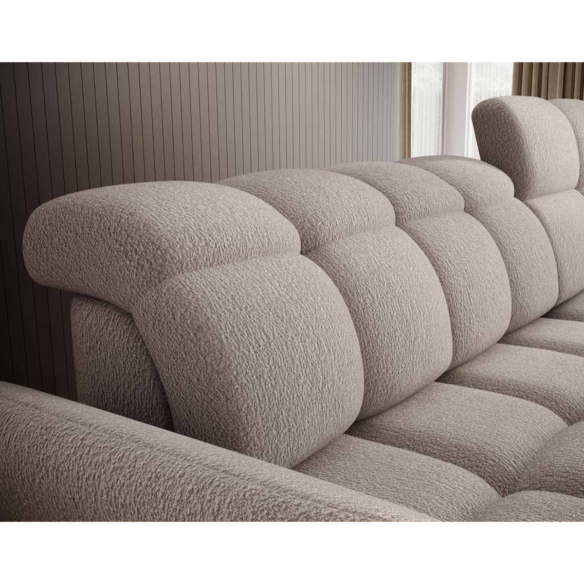 Brume - Canapé d'angle droit 4 places convertible électrique avec coffre et têtières réglables en tissu bouclette - Beige