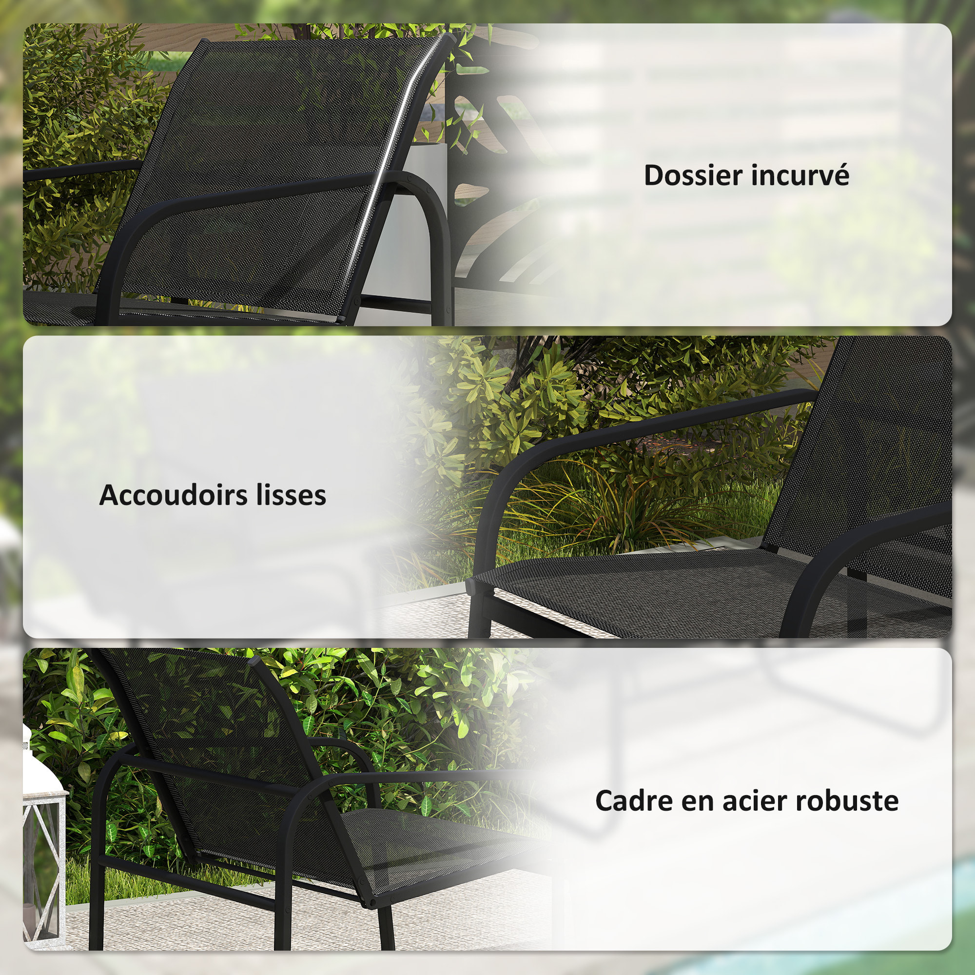 Ensemble salon de jardin relax 6 personnes 5 pièces plateau verre trempé acier textilène noir