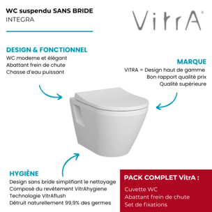 Cuvette WC suspendu sans bride Integra blanc avec abattant frein de chute
