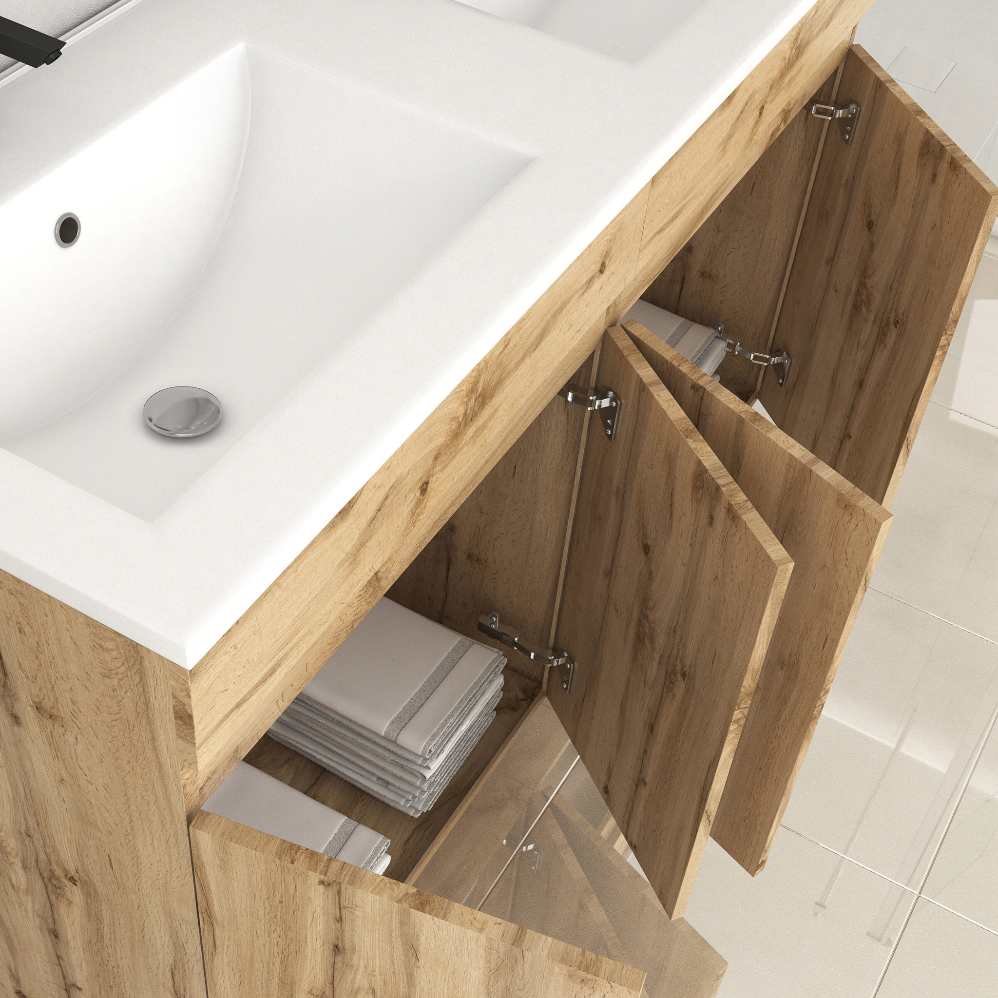 Meuble de salle de bains 120cm 4 Portes_Chêne Naturel + Vasque céramique blanche - TIMBER 120