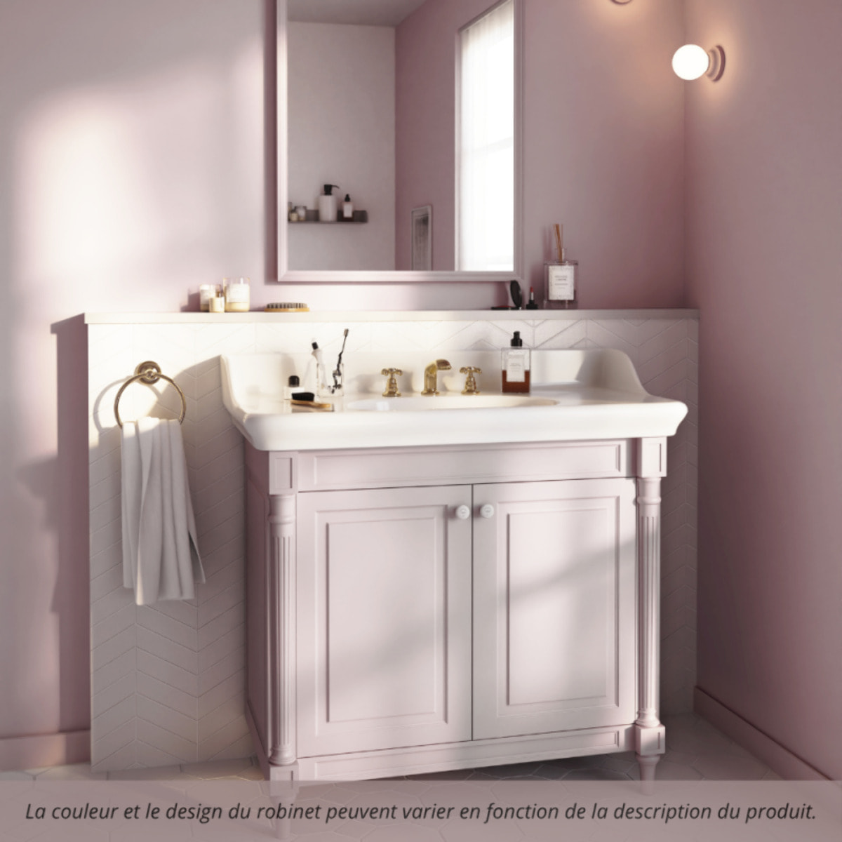 Pack meuble vasque 3 trous Cléo 1889 rose velours + mélangeur poignés chrome