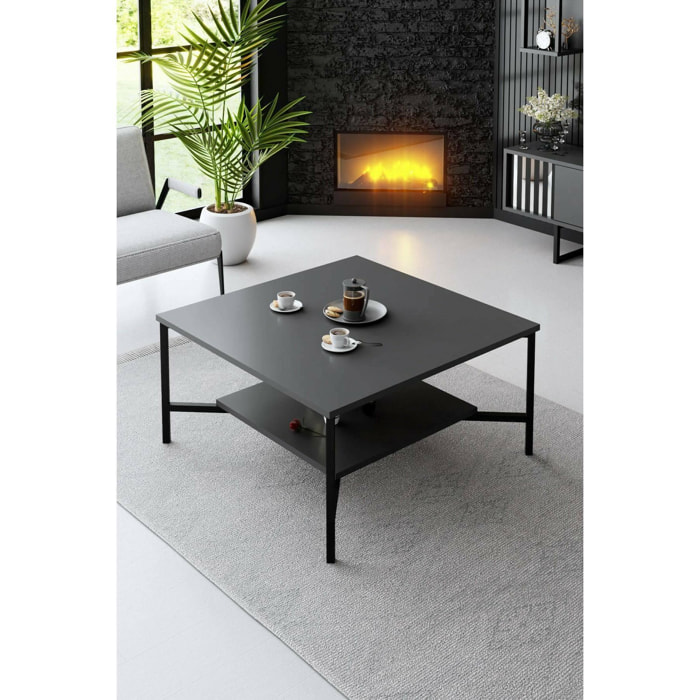 Tavolino da salotto Dichiar, Tavolo basso da caffè, Portariviste per divano, Ripiano da soggiorno, 80x80h40 cm, Antracite e Nero