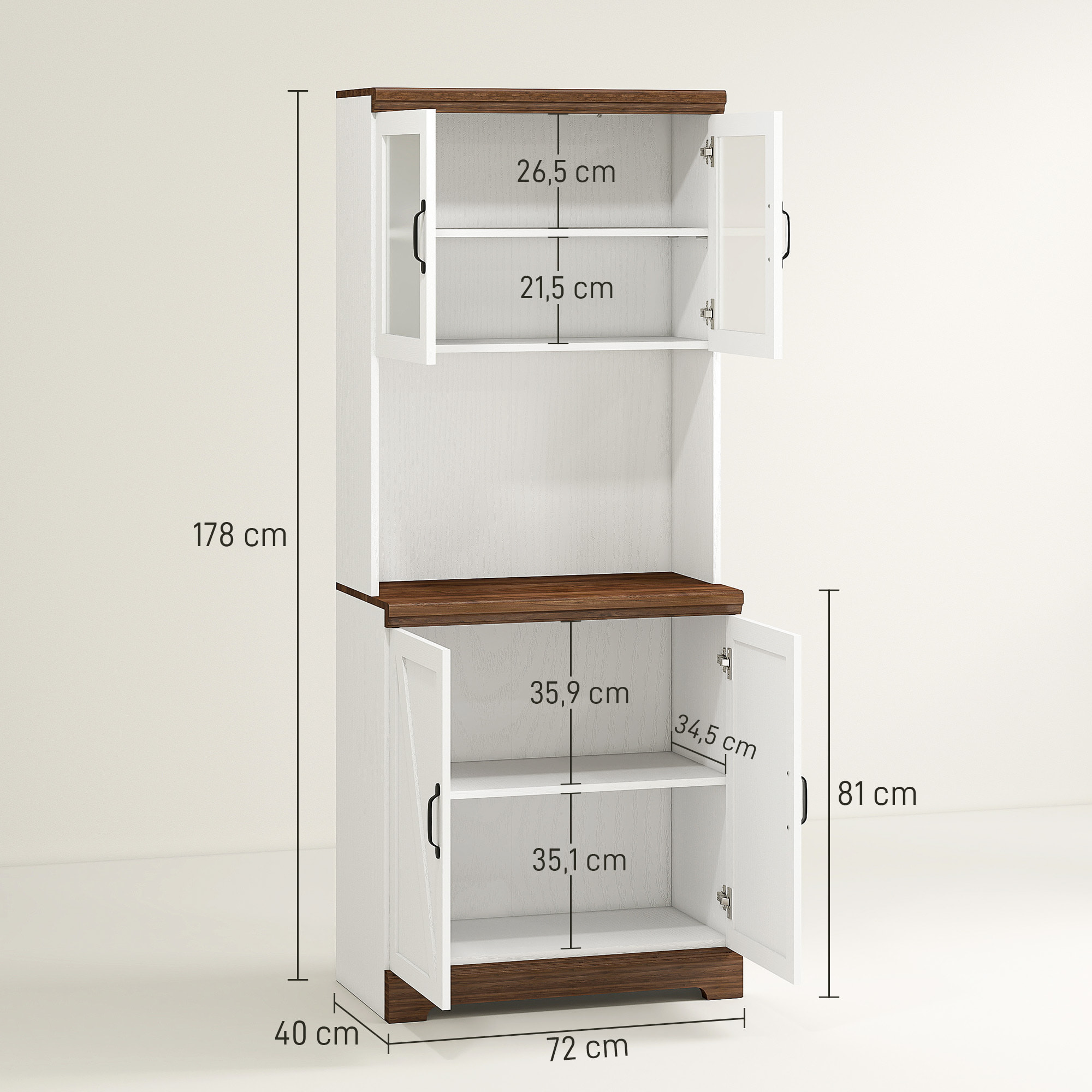 Alacena de Cocina Mueble Auxiliar de Cocina Aparador Alto con 2 Puertas de Vidrio Estantes Ajustables y Compartimentos Abiertos 72x40x178 cm Blanco