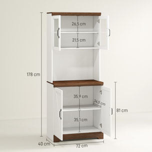 Alacena de Cocina Mueble Auxiliar de Cocina Aparador Alto con 2 Puertas de Vidrio Estantes Ajustables y Compartimentos Abiertos 72x40x178 cm Blanco