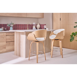 Tabouret de bar pivotant en tissu effet velours texturé beige et bois clair H69 cm BENT