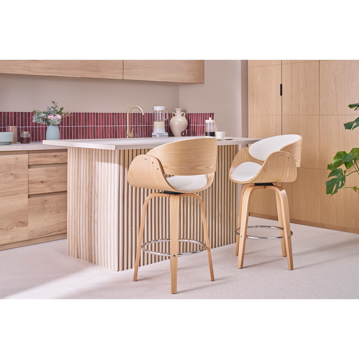Tabouret de bar pivotant en tissu effet velours texturé beige et bois clair H69 cm BENT