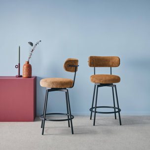 Lot de deux tabourets de bar assise rotative métal noir et tissu camel - L 50 x P 50 x H 92cm - Iris