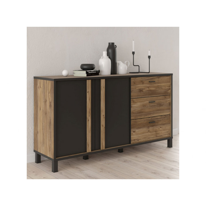 Buffet en bois effet chêne et noir style industriel - YAL